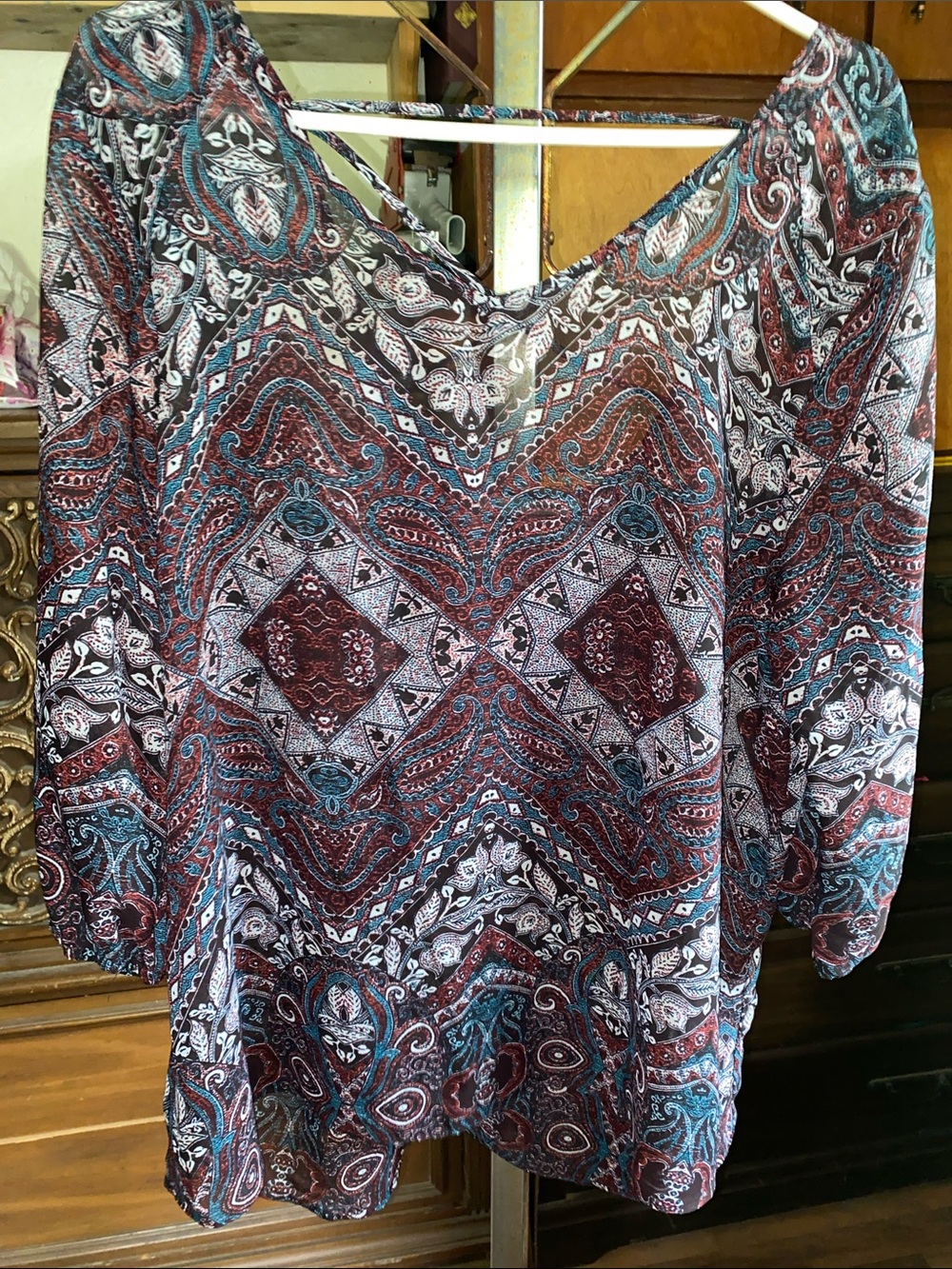 Maurices Paisley V-Neck Tunic in Burgundy, Teal, and White